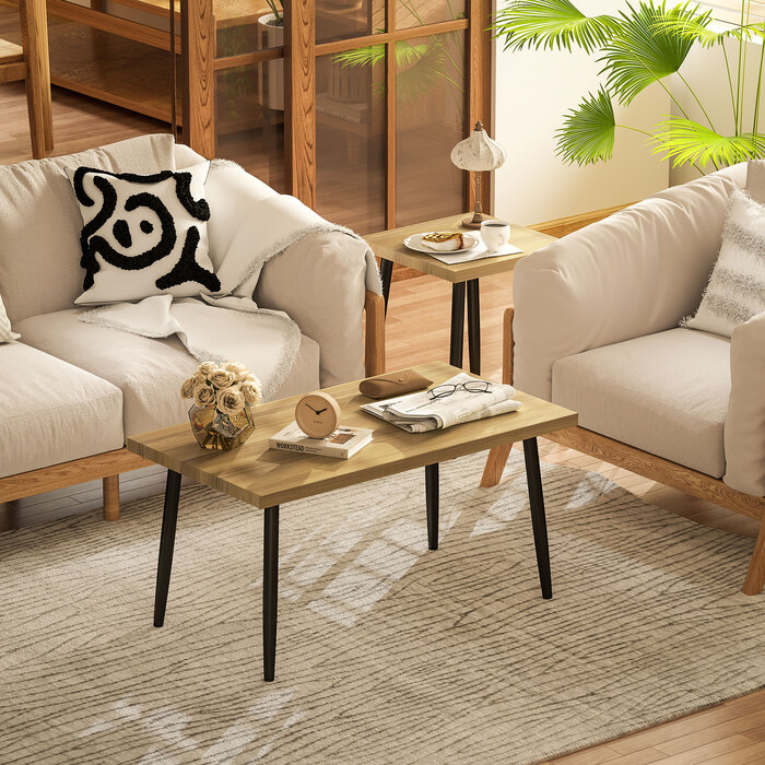 HOMCOM Set of 2 Side Tables with Steel Frame, Living Room Table Coffee Table for Living Room Bedroom Natural | Aosom