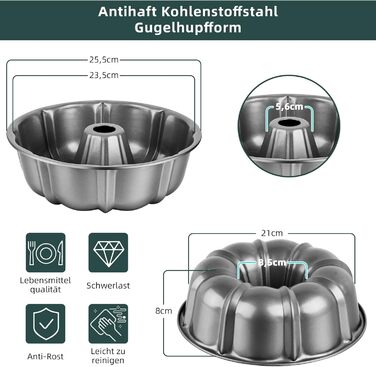 Форма для кексів Onader, нержавіюча сталь з антипригарним покриттям, 25,5 см, кругла форма для випічки кексів, хліба, здобної випічки, легко миється (сірий)