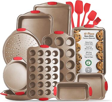 Набір для випічки EATEX з 15 предметів з вуглецевої сталі з антипригарним покриттям, коричневий. Форми для печива, кексів, хліба та багато іншого. Силіконові ручки.