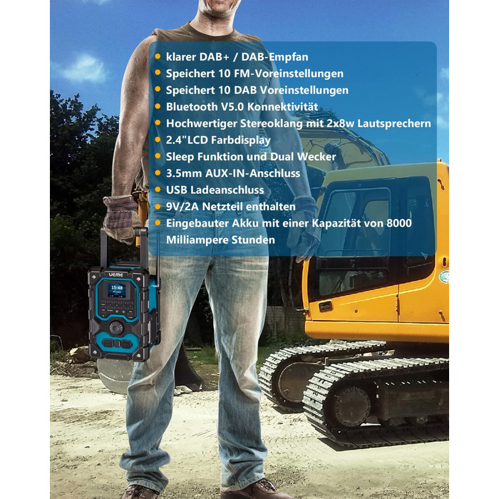 Радіо для будівельного майданчика з DAB+, FM, Bluetooth 5.0, 16W, акумулятор 8000mAh, USB-зарядка, Aux, захист від пилу та вологи (блакитне)