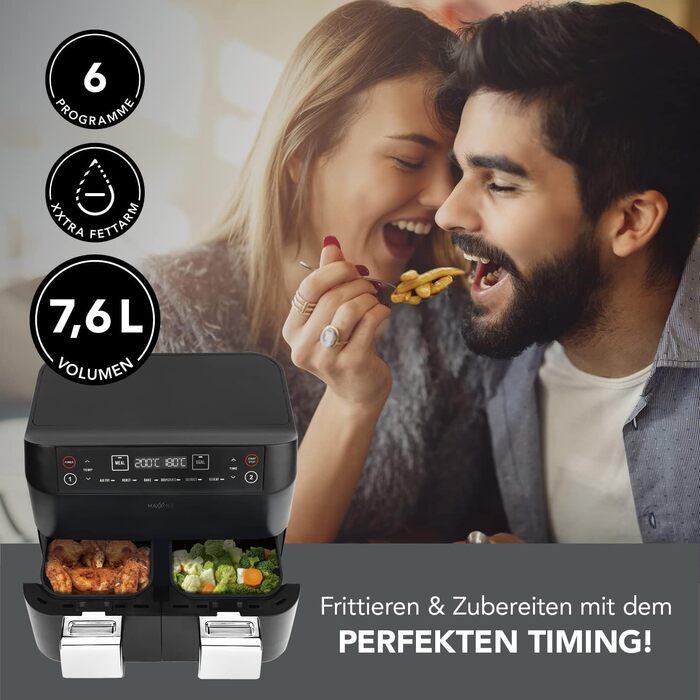 MAXXMEE аерофритюрниця з двома кошиками 7,6 л, цифрова, 2400 Вт, 6 програм, одночасне приготування двох страв