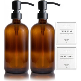 2-Pack Soap Dispenser Set for the Kitchen with Stainless Steel Pump, Amber Glass, 475ml, Hand Soap Dispenser for the Bathroom, Dish Soap Dispenser for the Kitchen with Waterproof Labels