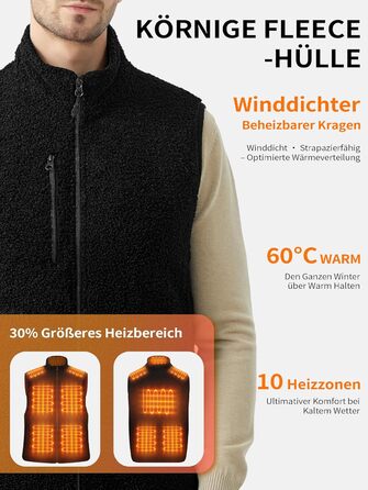 Обогреваемая жилетка для женщин и мужчин с Powerbank 18400mAh, флисовая жилетка с аккумулятором, 10 зон обогрева, теплая флисова жилетка для велоспорту, активного отдыха, черная XXL