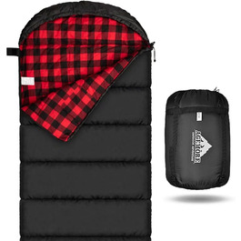 Cotton Flannel Sleeping Bag for Adults - 100% Cotton Liner Sleeping Bag for Camping, Hiking, Backpacking - Lightweight & Portable - 3-4 Season Warm Weather - Black/Red
