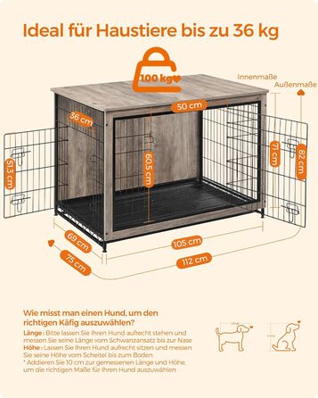 Клітка для собак Feandrea з приставним столиком, переноска, сучасна будка для собак до 36 кг, міцна, для дому, знімний піддон, 2 двері, PFC004X01 (112 x 75 x 82 см, Greige)