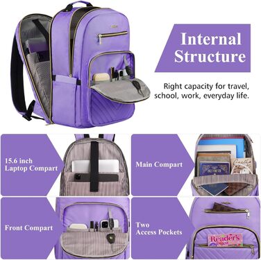 Жіночий рюкзак YAMTION: для школи, роботи, університету. USB-порт, відділення для ноутбука 15.6 дюймів, світло-зелений/світло-фіолетовий
