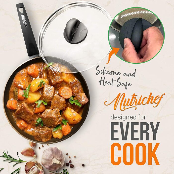 NutriChef 12-Piece Nonstick Cookware Set - Professional Hard Anodized Cookware Set and Fry Pan Set, Including Pot, Frying Pans, Sauce Pots, Dutch Oven Pot, Lids, Utensils Grey