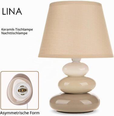 Приліжкова керамічна лампа 'Lina' (Taupe) з тканинним абажуром, настільний світильник для спальні та вітальні, цоколь E14, LED