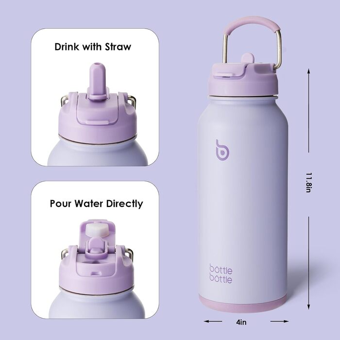 BOTTLE BOTTLE Stainless Steel Water Bottle 1L with Straw – Leak-Proof Insulated Bottle for Sports & Gym, with Pill Compartment, BPA-Free, Double-Walled (Light Purple)
