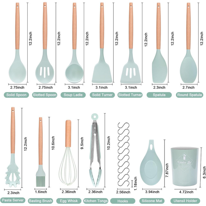 Набір кухонних аксесуарів Howephofly, 23 шт., силікон, антипригарне покриття, стійкий до нагріву, з тримачем та гачками для кухонних рушників (світло-зелений)