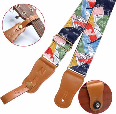 Японський гітарний ремінь Nefelibata з бавовни для акустичної гітари, укулеле, адаптер для голівки грифа в подарунок, медіатори та замок для ременя, регульована довжина 38'-64' (Бурхливі гори)