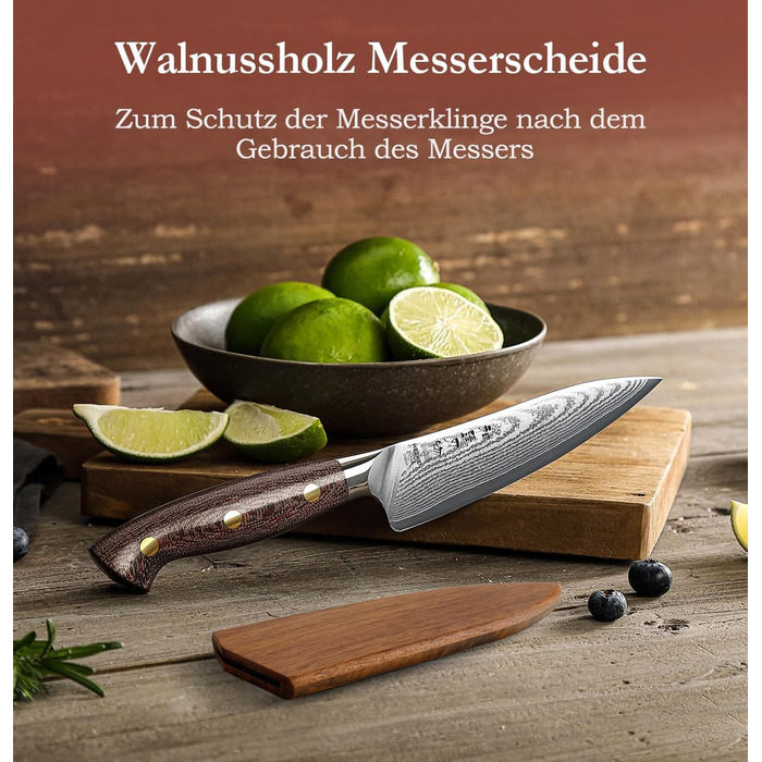 HEZHEN ніж кухарський 21 см дамаск 67 шарів, професійний ніж для кухні з дерев'яною піхвою, міцний ніж з ручкою Micarta