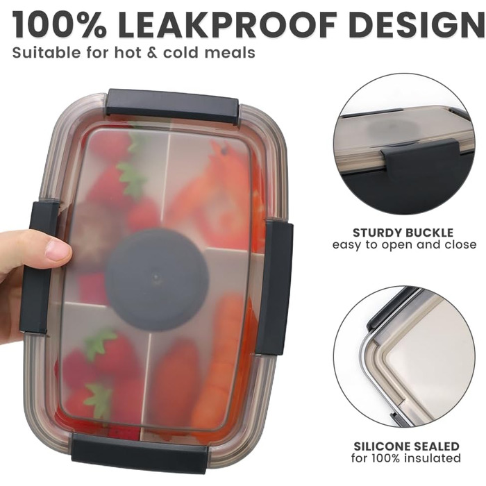 Ланчбокс Bugucat 2000 мл, чорний: герметичний, з відділеннями, для дорослих та дітей, з виделкою, для школи та пікніків