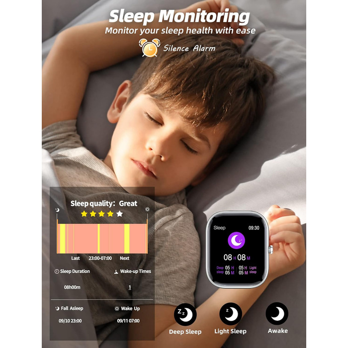 Дитячий розумний годинник Kinder Smartwatch для хлопчиків та дівчаток. Водонепроникний фітнес-трекер IP68, моніторинг серцевого ритму та сну, 19 спортивних режимів, крокомір, будильник. Подарунок для дітей від 5 років. Чорний колір.