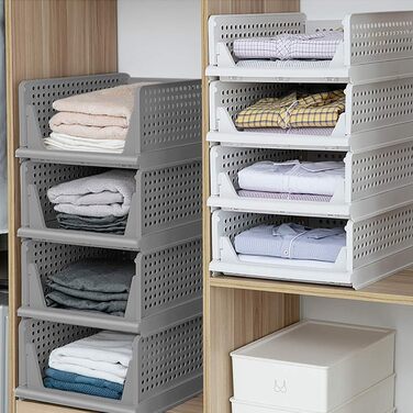 4 Foldable Plastic Storage Boxes Shelf Baskets Closet Storage Boxes Foldable Kitchen Drawer Organizers Stackable Storage Boxes Transport Boxes Closet Containers Cube Pull-Out Drawer - Grey