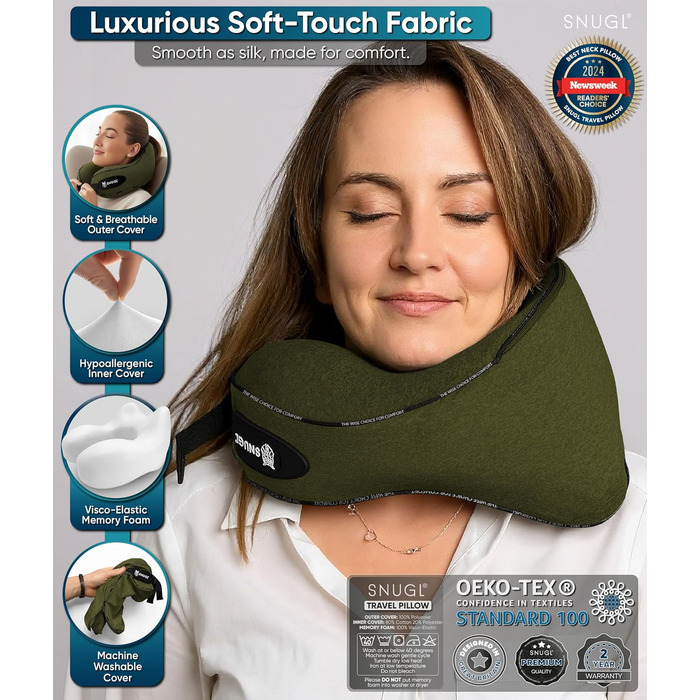 Подушка для шиї SNUGL з Memory Foam, регульована та миюча | Зручна подушка для подорожей на літаку, в авто та в дорогу | Подушка-шия, Neck Travel Pillow (доросла, маленька, оливковий)