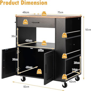 Giantex Rolling Kitchen Cart with Countertop - Kitchen Island with Storage, Mobile Kitchen Trolley with Drawer & 3 Shelves (White & Black)