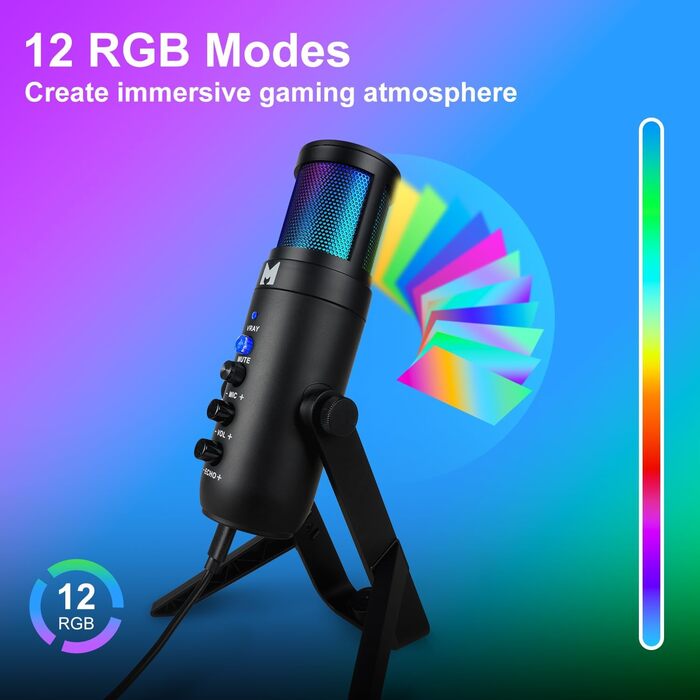 USB мікрофон для ПК, геймінгу, стрімінгу, подкастів та запису голосу. RGB-підсвітка, сумісний з телефоном, ПК, PS4, PS5 та Mac
