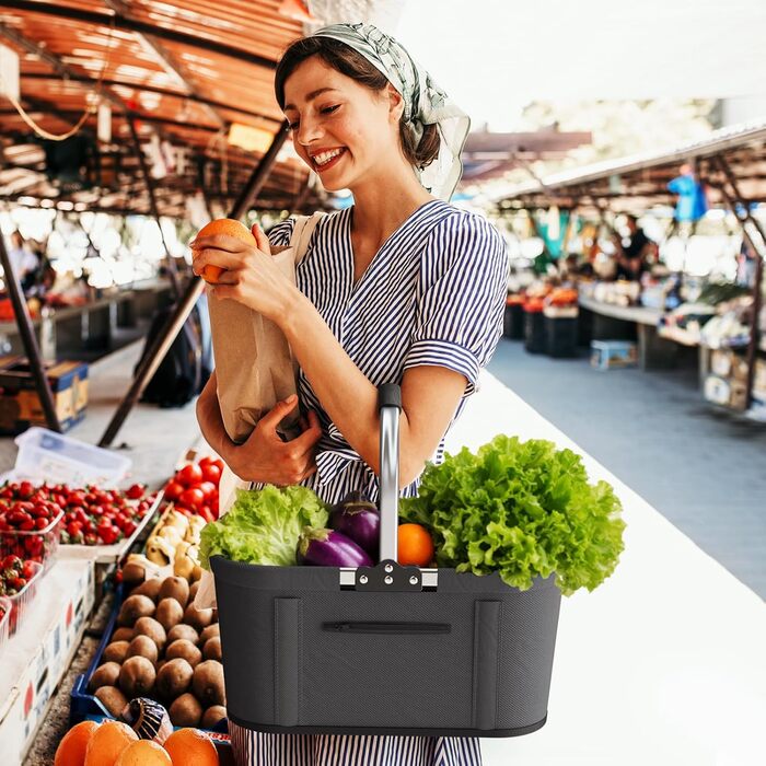 Складаний кошик для покупок на 30 літрів з 4 стійкими ніжками | Міцний кошик для перенесення та пікніків | Великий сімейний кошик (46x27x25 см) | З м'якими ручками | Для покупок, подорожей, кемпінгу (30л, сірий)