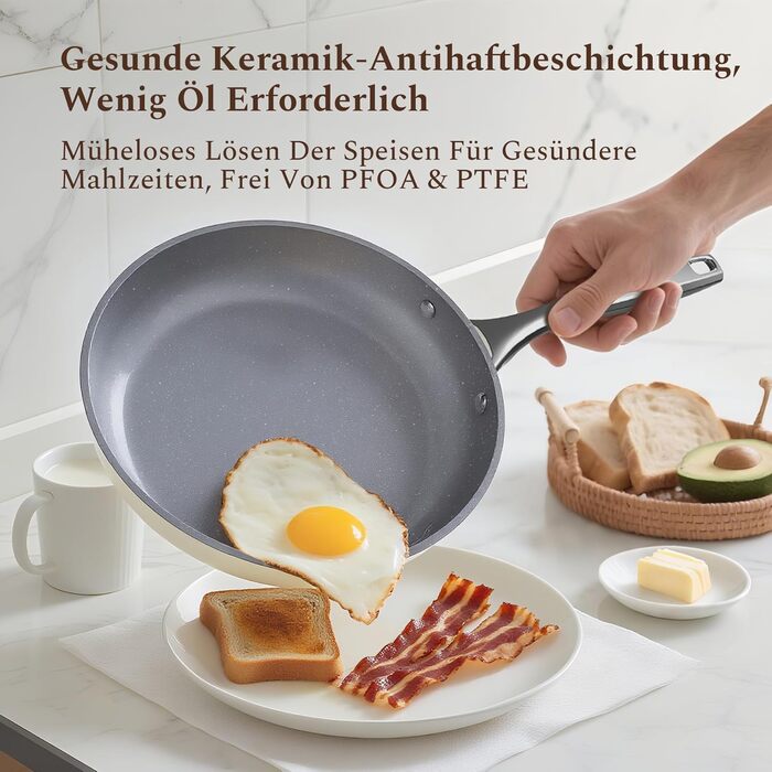 Набір сковорідок Koch Kode: керамічне покриття, 20/24/28 см, з нержавіючою ручкою, для індукційних плит, без PTFE та PFOA, безпечне для здоров'я, бежевий (20 см)