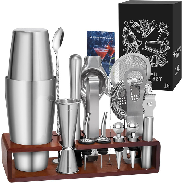 Набір для коктейлів Sosayet, нержавіюча сталь, з аксесуарами та рецептами, 750 мл, для початківців та професіоналів, подарунок для чоловіків (з підставкою)