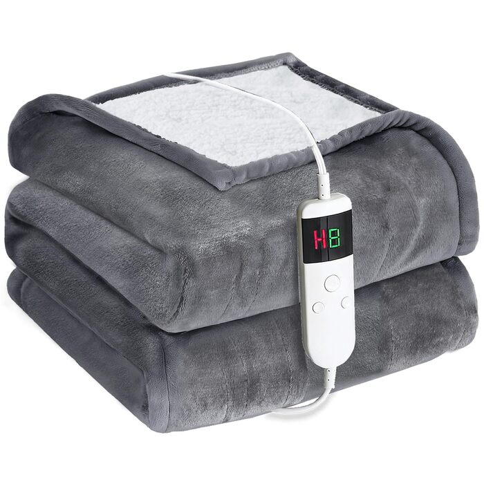 Електрична ковдра з підігрівом 130x180 см з автовимкненням, 10 температурних режимів, таймером, захистом від перегріву, пральна машина, фланелева ковдра для ліжка, дивана та офісу (світло-сіра, 130 x 180 см)