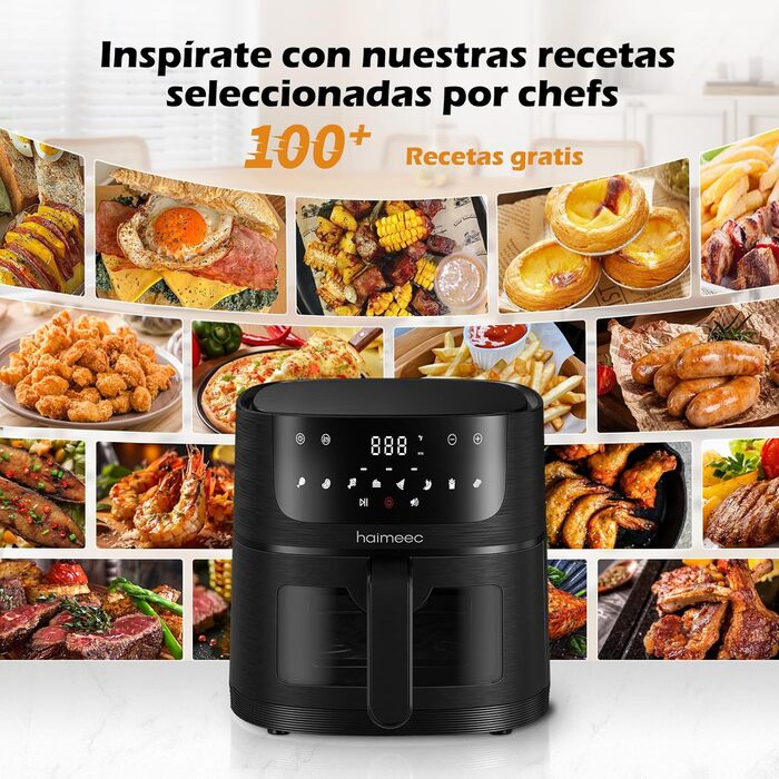 HAIMEEC 6L Air Fryer with Viewing Window - 8-in-1 Oil-Free Fryer, Shake Reminder, Non-Stick Coating, 30-200°C, 78 Recipes, Quiet Operation
