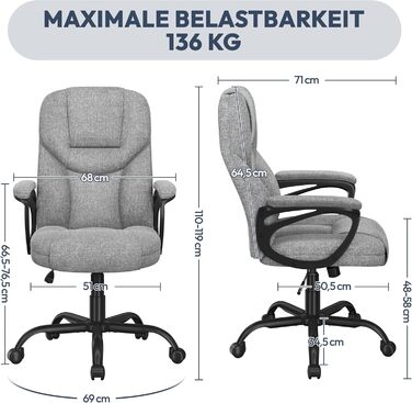 Офісне крісло Yaheetech для офісу та дому: ергономічний, з високою спинкою, регульований, комфортний, з м'яким наповнювачем, функція гойдання (сірий, поліестер)