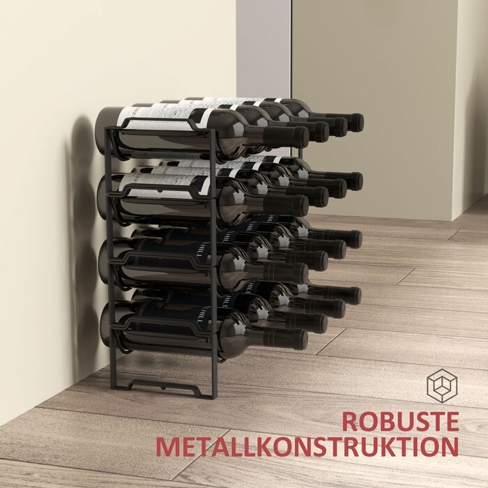 HOMCOM Wine Rack Bottle Rack for 16 Wine Bottles, Metal Bottle Holder Storage Shelf, Wine Bottle Rack for Kitchen, Dining Room Black | Aosom