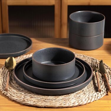 Набір посуду LeRatio на 6 осіб, 18 предметів, керамічний, стійкий до подряпин (антрацитовий сірий колір з коричневим краєм та крапками)