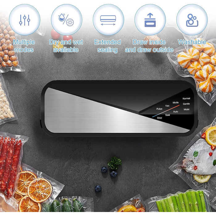 Вакуумний апарат Colexy 6-в-1: пакувальник продуктів, 80 kPa, для сухих та вологих продуктів, з фольгою та шлангом, чорний