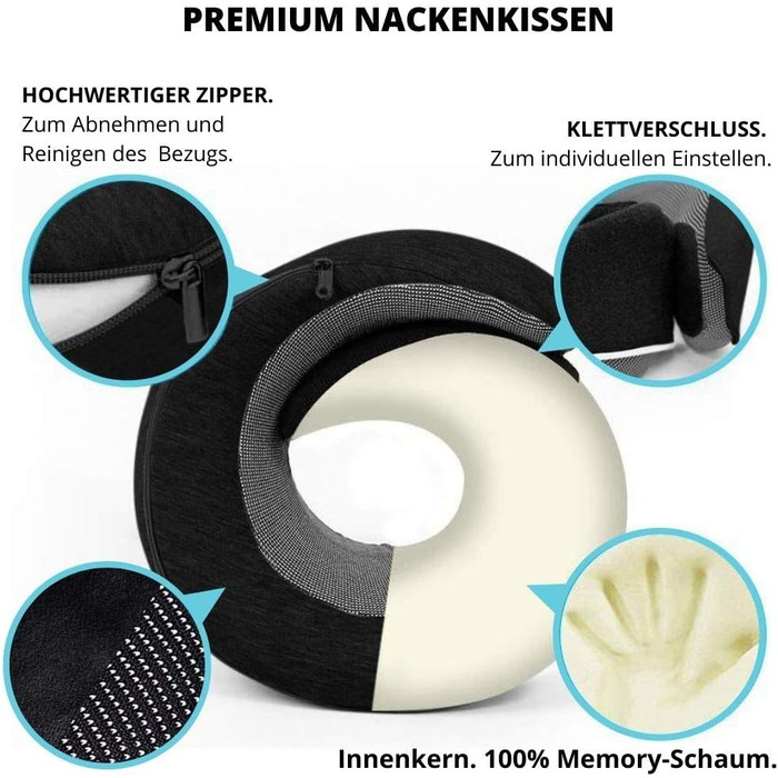 Подушка для шиї AIRTH® 360° з піною з пам'яті та зручним кріпленням - ергономічна підтримка шиї з знімним чохлом для максимального комфорту та відпочинку (Чорна)