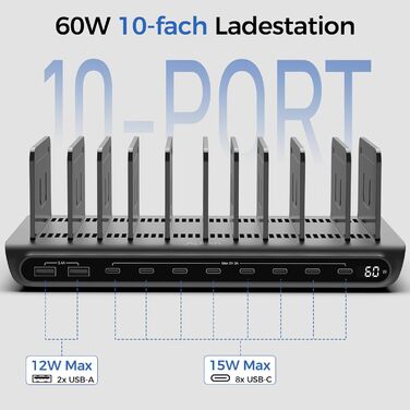 Зарядний пристрій Alxum 60W USB багатопортовий на 10 портів (8 USB-C + 2 USB-A) для телефонів, планшетів, Kindle – чорний