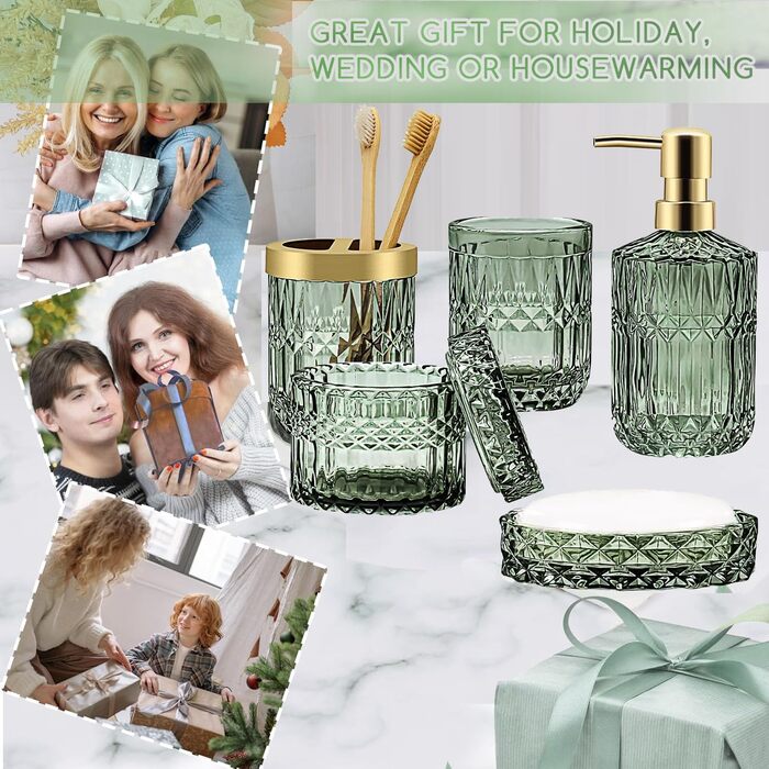Набір аксесуарів для ванної кімнати скляний 5 предметів Lotionspender, мильниця, тримач для зубних щіток, стакан, декор (Зелений)
