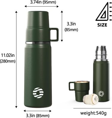 Термокружка-термос 850 мл з чашкою, нержавіюча сталь, з ізоляцією, для напоїв, 12 годин теплий/24 години холодний, без BPA, для відпочинку на природі, кемпінгу (зелений)