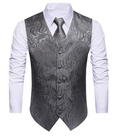 Костюмний жилет для чоловіків HISDERN з візерунком Пейслі (Jacquard) — набір: жилет, краватка та хустка в кишеню, елегантний сірий, розмір XS