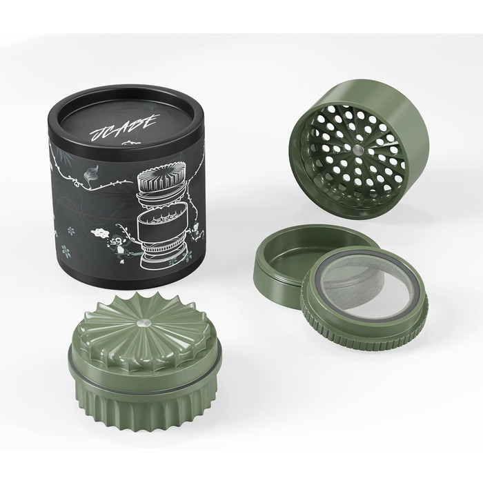 Toothless Herb Grinder Ø 63 mm | Nano-ceramic coated for effortless grinding | 5-piece with built-in storage container in the lid (Green)
