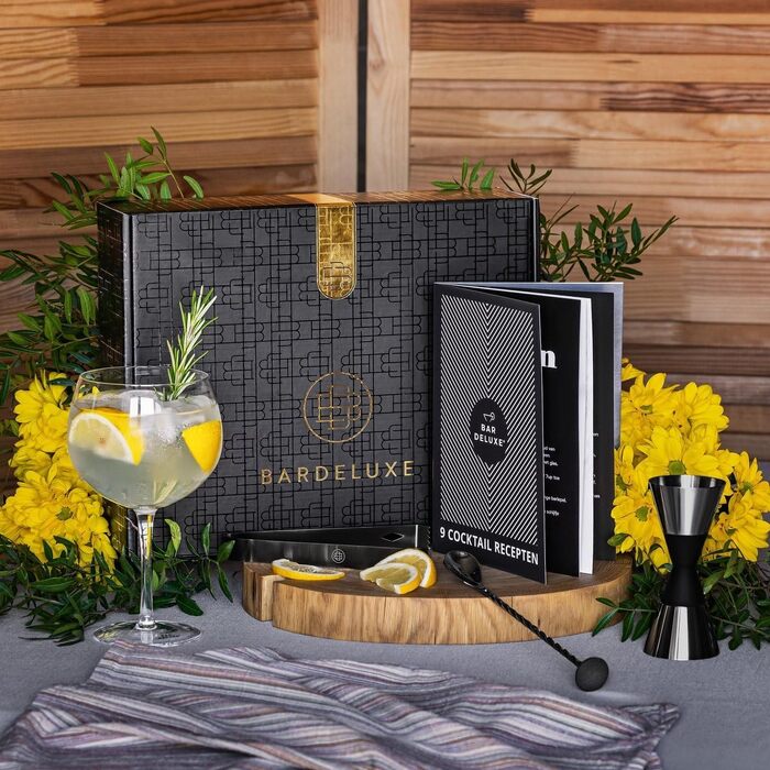 Набір для коктейлів BarDeluxe® Boston Shaker 5 предметів, професійний набір бармена з шейкером 750мл, нержавіюча сталь, сумка та книга рецептів (Чорний)