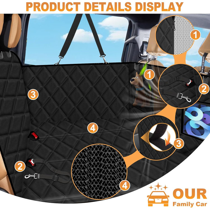 Захисний килимок на заднє сидіння авто для собак, чорний, 128x61 см, 3-панельний, з кріпленням для безпеки