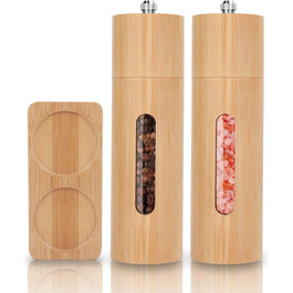 BOCHION Salt and Pepper Grinder Set of 2, Spice Grinder with Transparent Window and Coaster, Large Wooden Salt and Pepper Grinder with Manually Adjustable Ceramic Grinding Core, for BBQ, Restaurant, Kitchen, 18 cm