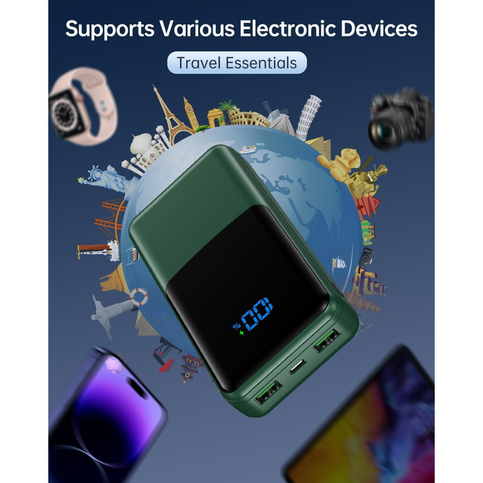 Power Bank Coblob 27000mAh з LED дисплеєм, 3 входами/виходами, USB-C 30W, для смартфонів, планшетів, AirPods та іншого (темно-зелений)