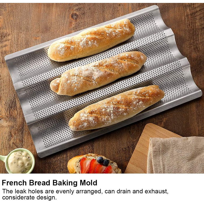 BuyWeek Baguette Baking Sheet, 3-Groove Stainless Steel Baguette Baking Mold French Bread Baking Sheet Pan Kitchen Baking Tool Silver
