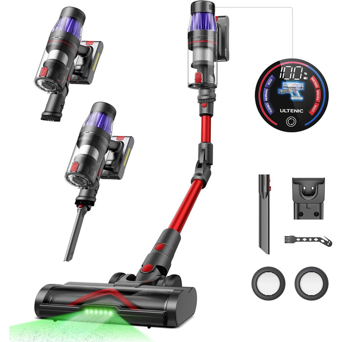 Ultenic U16 Flex Cordless Vacuum Cleaner 550W/45 Kpa, 60-Minute Runtime Cordless Vacuum with Touchscreen and Telescopic Tube, Wall-Mounted Charging Station with Indicator Light, Anti-Tangle for Hard Floors, Carpets, and Pet Hair