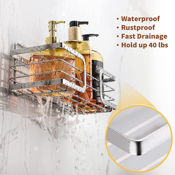 Gsocel Shower Shelf with 2 Hooks, Silver