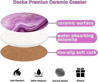 Drink coasters, round, absorbent ceramic stone coasters with cork base, funny turquoise marble drinks (Purple)