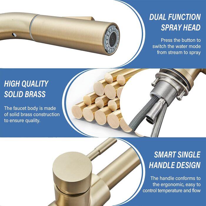 Знімна кухонна змішувач з 2 функціями, золото, 360° поворот, для кухонної мийки, однорідний змішувач, холодна та тепла вода, золотий матовий
