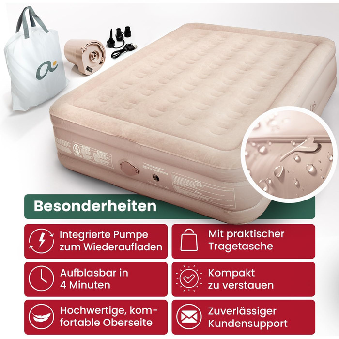 Надувне ліжко Aerios для 2 осіб з вбудованим USB-C насосом | Преміум гостьове ліжко без кабелю живлення | Надувне ліжко - виберіть розмір! Бежевий двоспальний