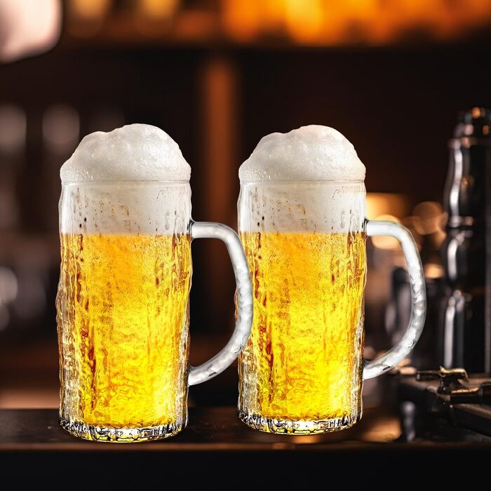 Набір з 2 скляних кружок для пива на 0,58 літра (490 мл) з ручкою, для морозильної камери, ретро стиль, подарунок для чоловіків