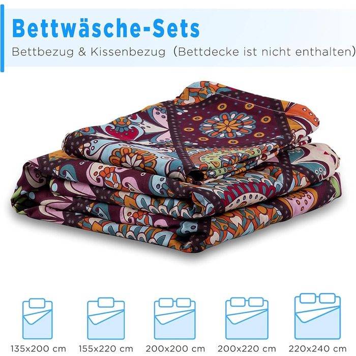 ATsense Bedding 135x200 Cotton, Multicolor Renforcé Bedding Sets ÖkoTex Duvet Cover 135x200 4-Piece, Super Soft, with Zipper 2x Bedding + 2x Pillowcase 80x80 (Bohemian, Paisley) 2x135x200 cm + 2x80x80 cm Multicolor