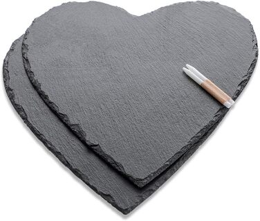 Large Slate Heart 30 cm, 2-Piece Set, Slate Heart Plate with Chalk Marker, Black Slate Serving Platter, Slate Hearts for Serving & Labeling